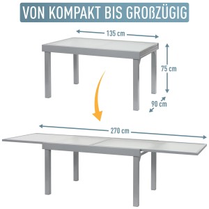ib style Gartentisch Diplomat XXL, ausziehbar von 135 auf 270 cm, Aluminium silber, mit Maßangaben.