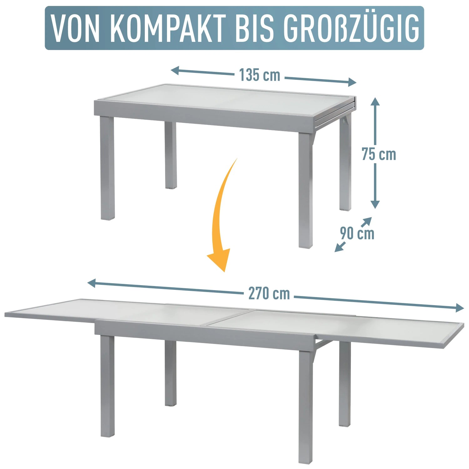 ib style Gartentisch Diplomat XXL, ausziehbar von 135 auf 270 cm, Aluminium silber, mit Maßangaben.