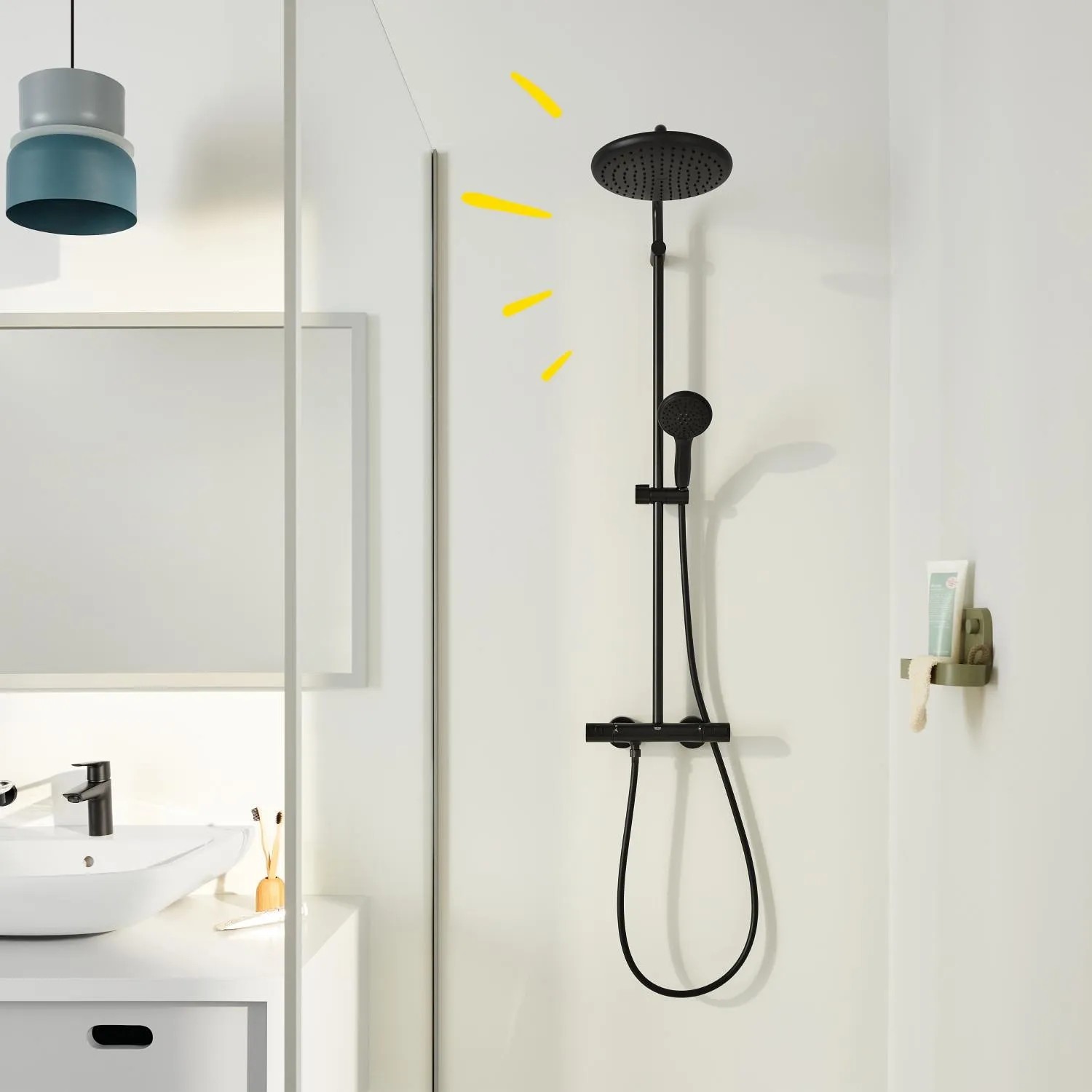 Grohe Vitalio Start 250 Duschsystem, schwarz matt, mit Kopf- und Handbrause, Thermostat und Brausestange.