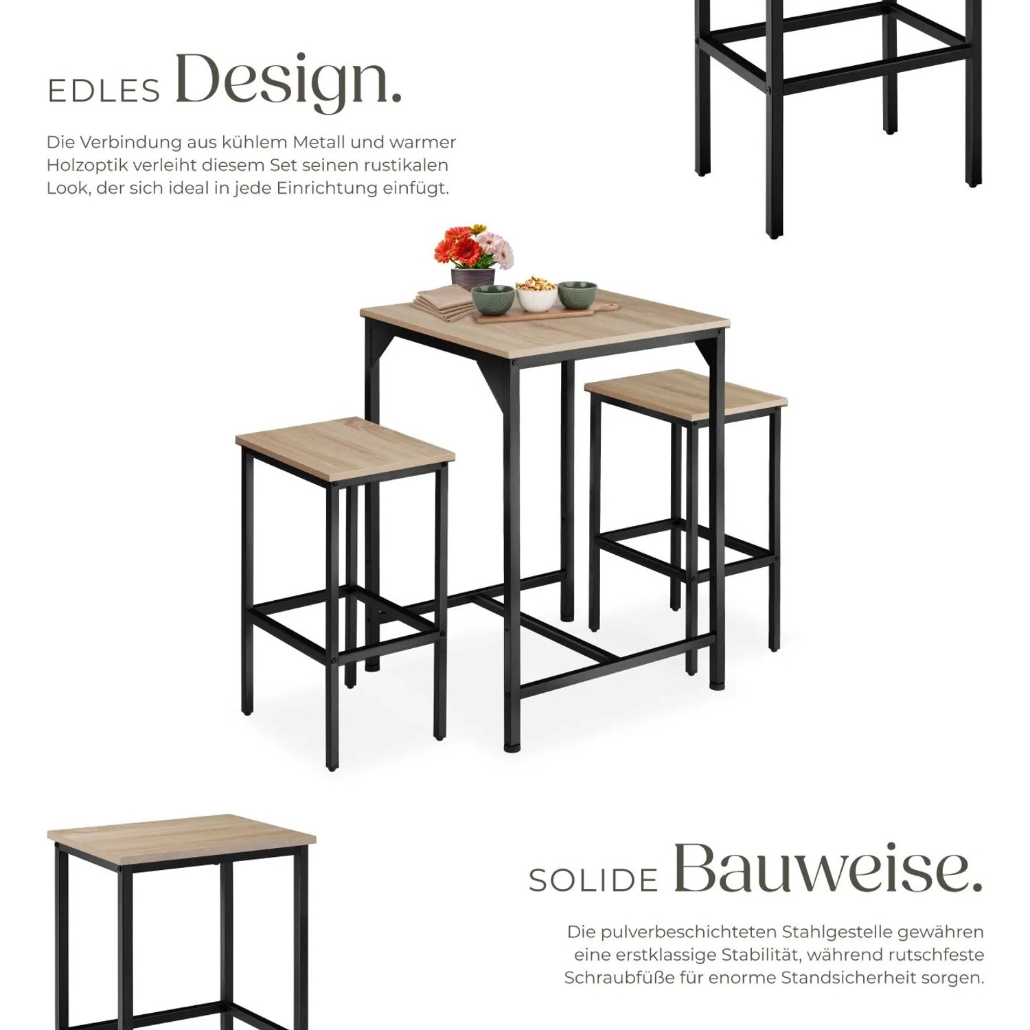 Tectake Barset Inverness 3 Teilig Tisch Mit 2 Hockern 120 x 60 x 91 cm Industrial Holz Hell Eiche Sonoma_4