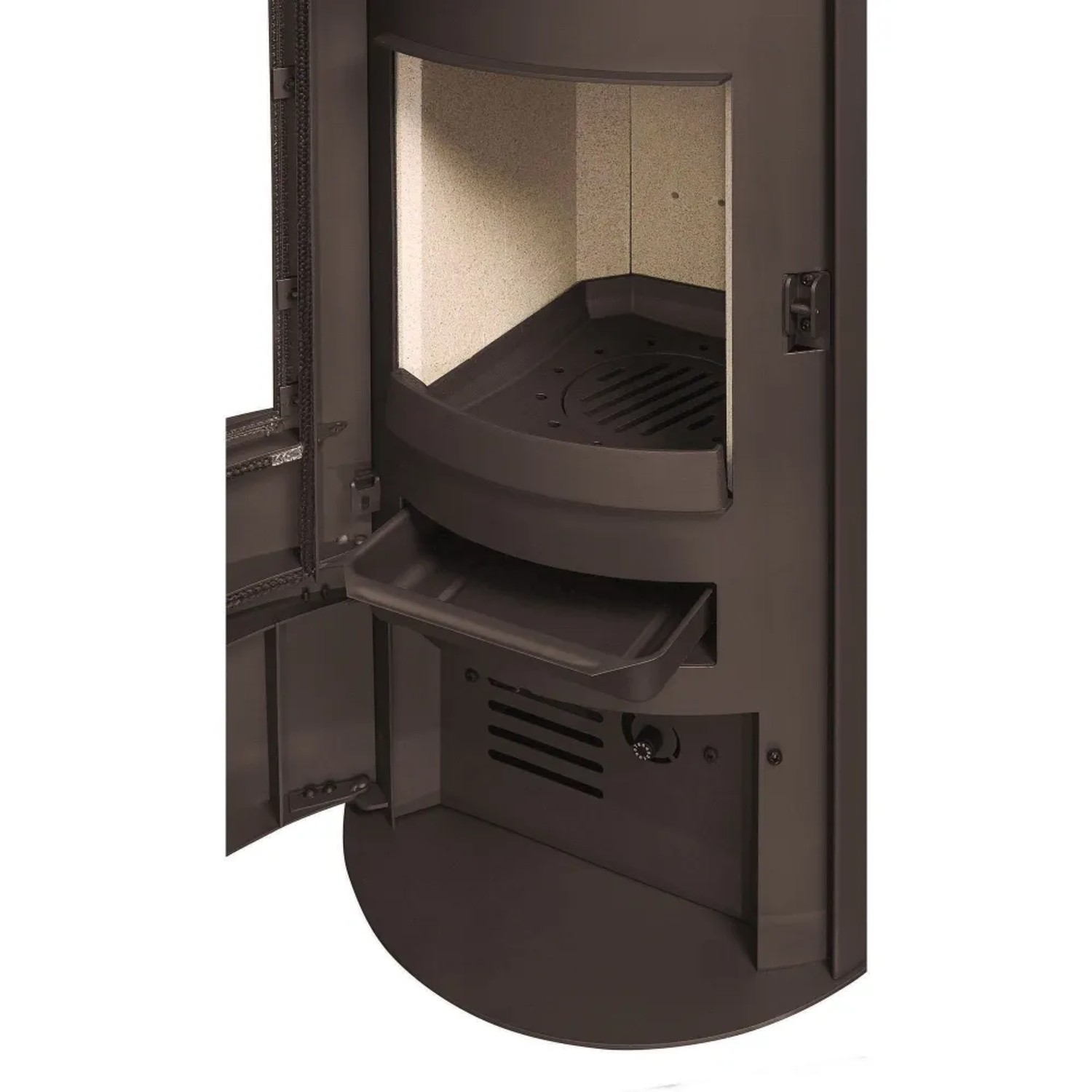 Detailaufnahme: Thermia Holzkamin München V3, braun mit Speckstein, Kaminofen mit offener Tür.