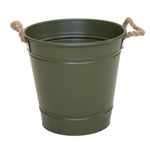 Olivgrüner Zinkeimer (33 cm) mit Seilgriffen, ideal als Pflanzkübel oder zur Aufbewahrung.