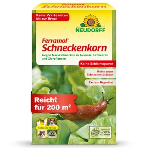 Verpackung Neudorff Ferramol Schneckenkorn 1 kg mit Schnecke auf Salatblatt. Regenfeste Formulierung, schonend für Haustiere.