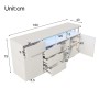 Weißes Merax Sideboard 160 cm mit LED-Beleuchtung, 4 Schubladen, 2 Türen und offenem Acryl-Regal für Wohnzimmer.