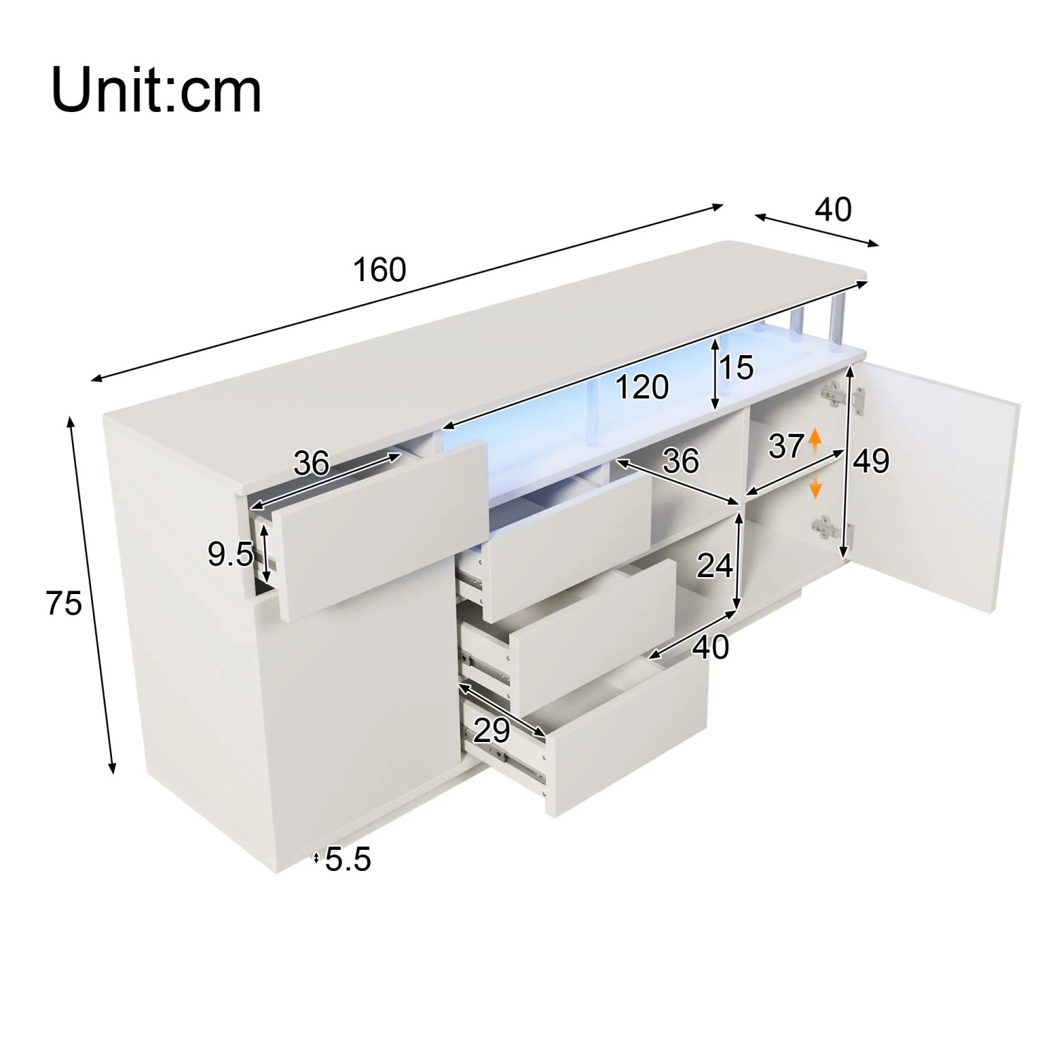 Weißes Merax Sideboard 160 cm mit LED-Beleuchtung, 4 Schubladen, 2 Türen und offenem Acryl-Regal für Wohnzimmer.