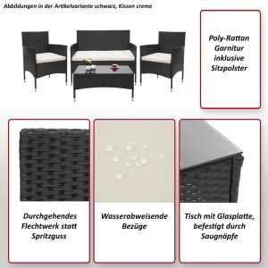 4-teilige Poly-Rattan Lounge-Garnitur in Grau mit creme-farbenen Kissen und Tisch mit Glasplatte.
