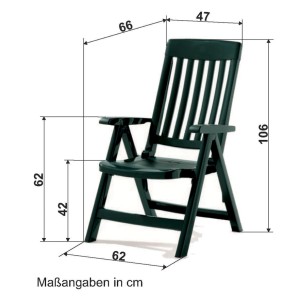 Sieger Klappsessel Palma, anthrazit, mit Maßangaben. Verstellbarer Gartenstuhl aus Kunststoff mit Armlehnen.