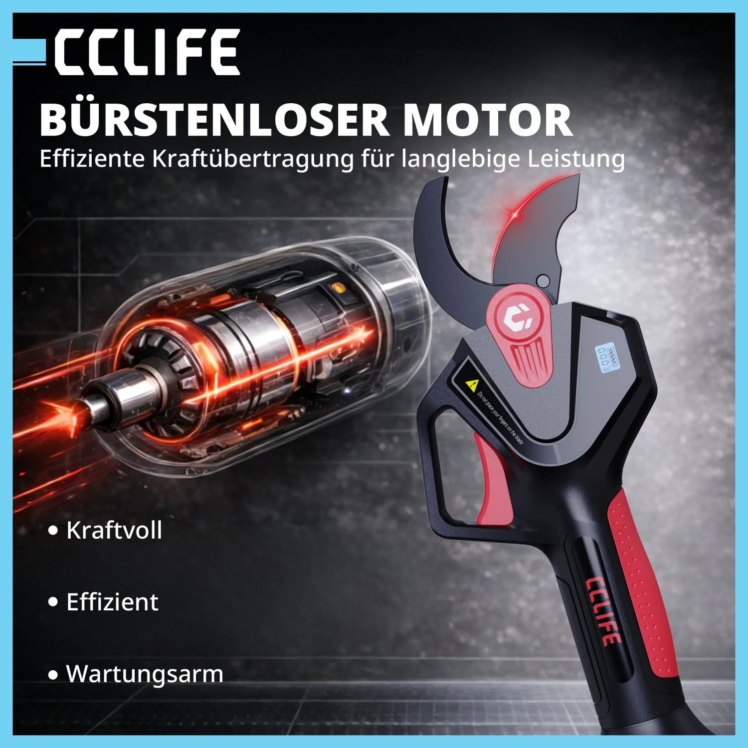 CCLIFE Akku Astschere in Schwarz-Rot mit SK5 Klingen und bürstenlosem Motor. Für präzise Schnitte bis 40mm.