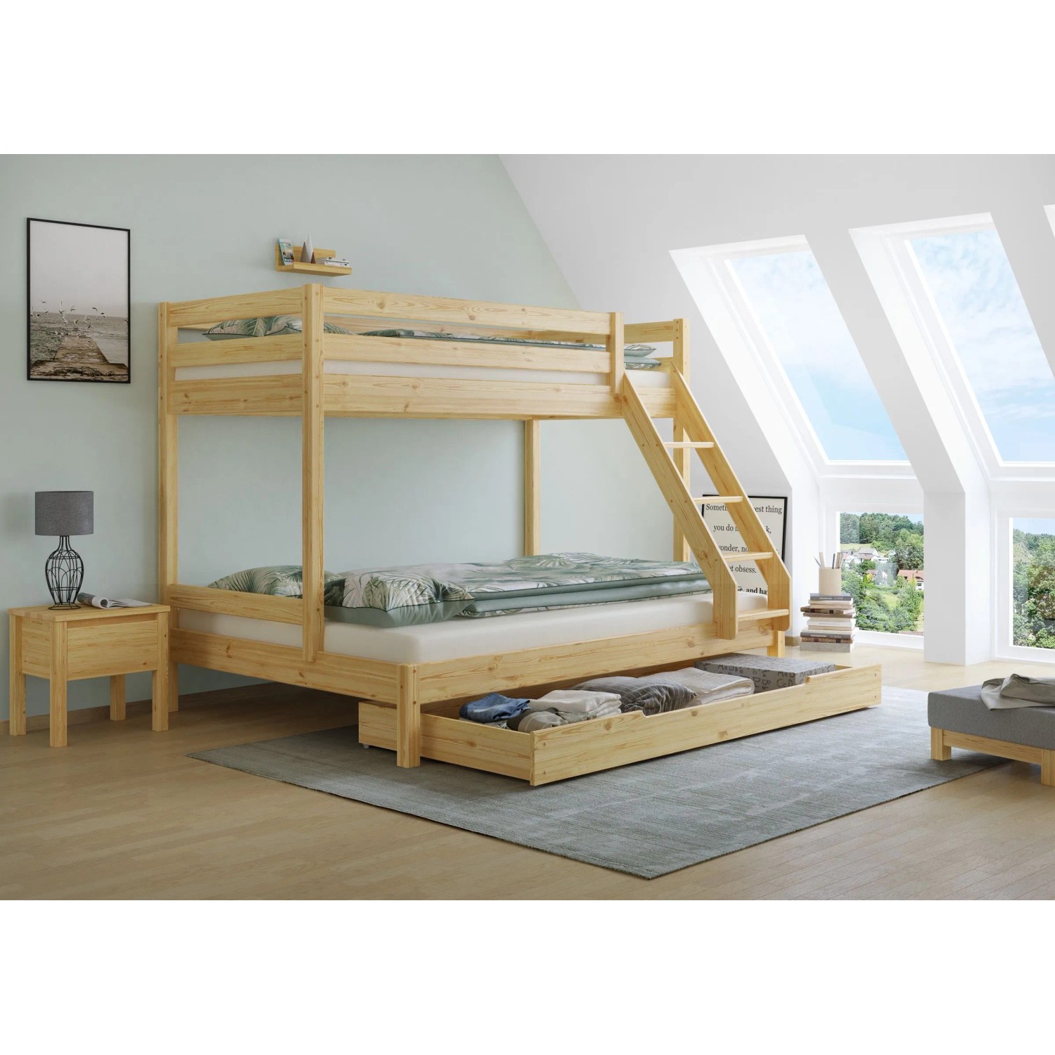 Erst-Holz Doppel-Etagenbett 90 x 200 cm und 140 x 200 cm Erwachsene Kiefer Natur Modell 18 Rollrost und Bettkasten inkl.