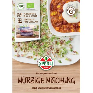 Sperli Bio Keimsprossen-Saat Würzige Mischung: Sprossen, Verpackung und Chili-Gericht auf dem Bild.