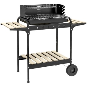 Outsunny Holzkohlegrill mit verstellbarem Grillrost, Ablagen aus Kiefernholz, schwarz.