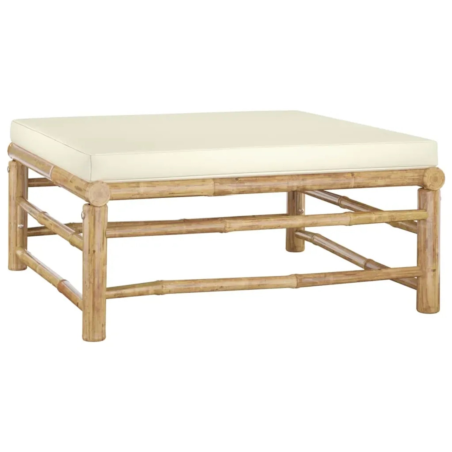 Fußhocker aus Bambus mit cremeweißem Kissen, Teil des vidaXL Garten-Lounge-Sets.
