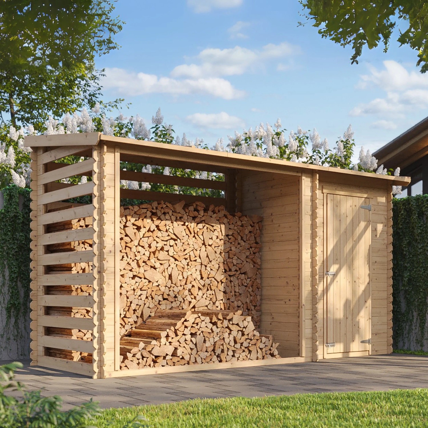 TIMBELA Gartenhaus M205 mit Brennholzregal, unbehandeltes Holz, ohne Boden.