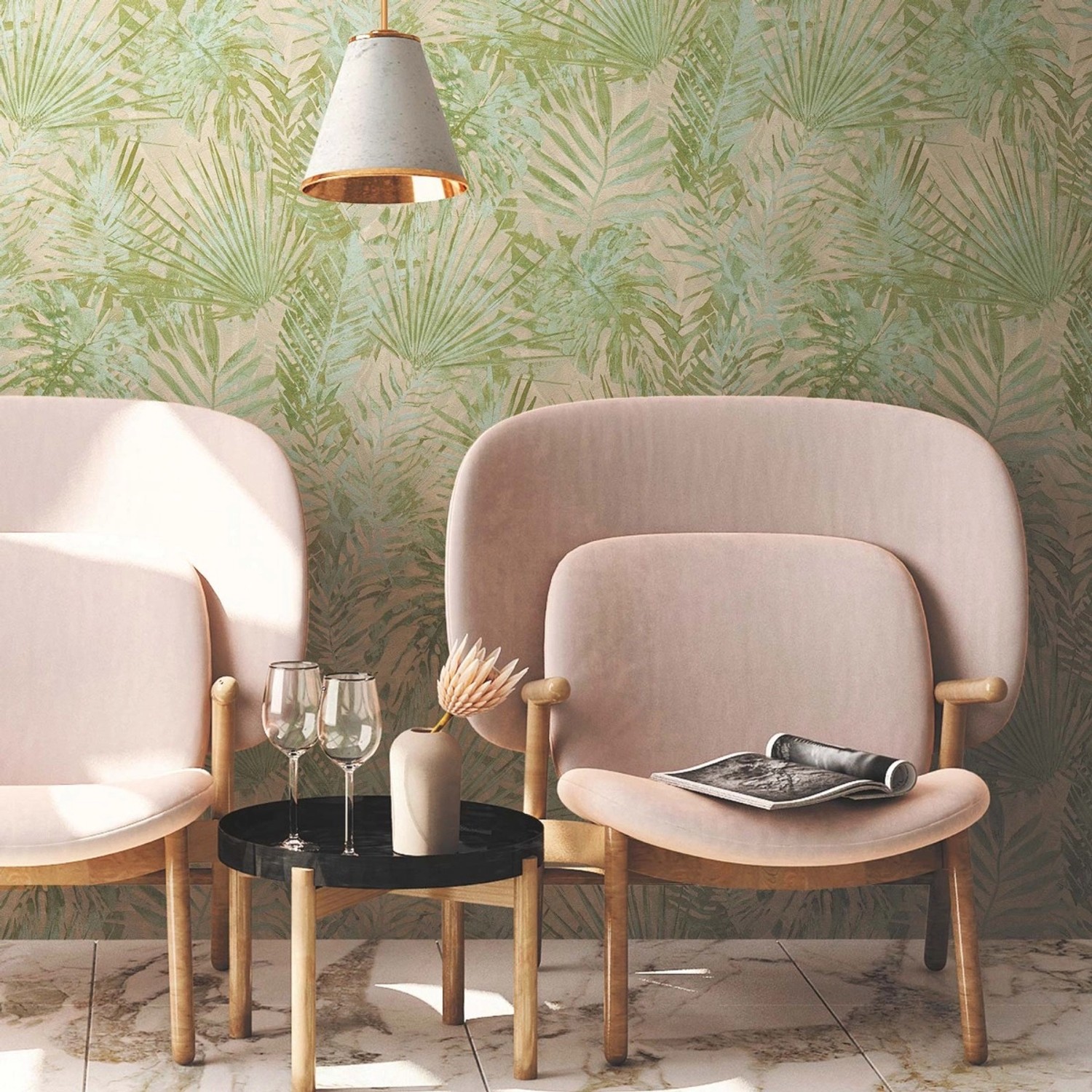 Bricoflor Tapete Palmenblätter Beige Grün Ideal für Wohnzimmer und Schlafzimmer Tropische Vliestapete mit Blätter Muster