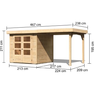 Karibu Holz-Gartenhaus Boras, naturbelassen, mit Flachdach und Anbau, Maße: 209x213 cm.