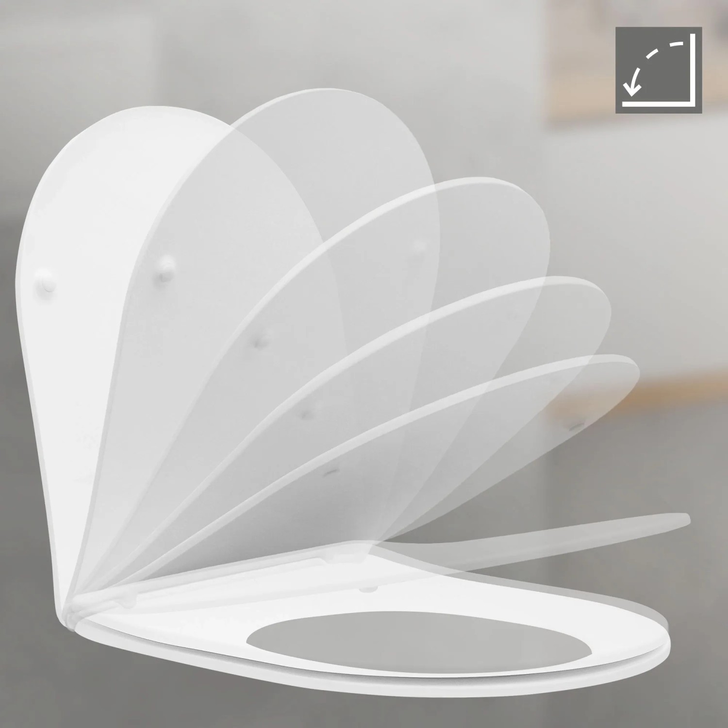Weißer WC-Sitz mit Soft-Close Absenkautomatik. Visuelle Darstellung des sanften, geräuschlosen Schließens.