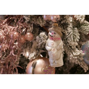 Weihnachtsornament: Weißer Schneemann mit goldenem Hut, 12cm, aus Glas von Krebs Glas Lauscha.