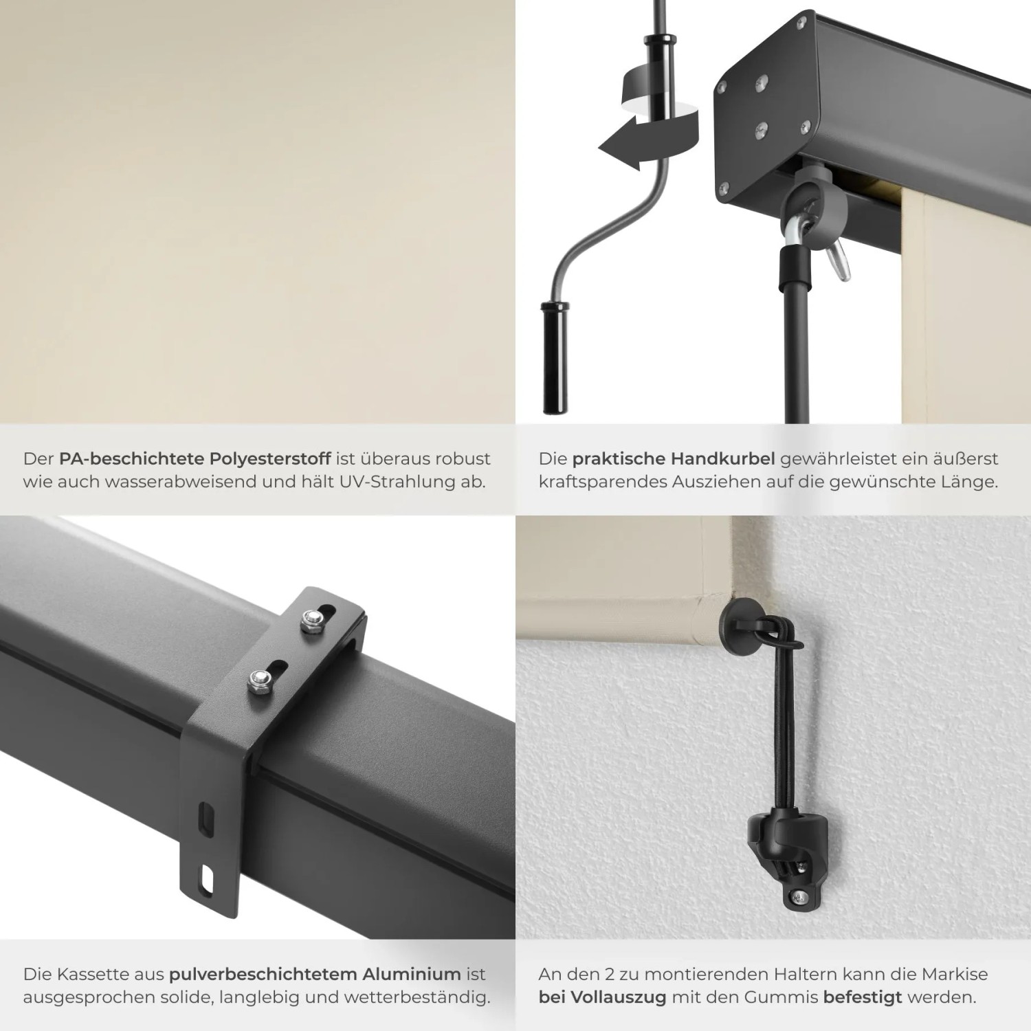 Tectake Senkrechtmarkise Eloise, beige, mit Handkurbel und Wandhalterungen.