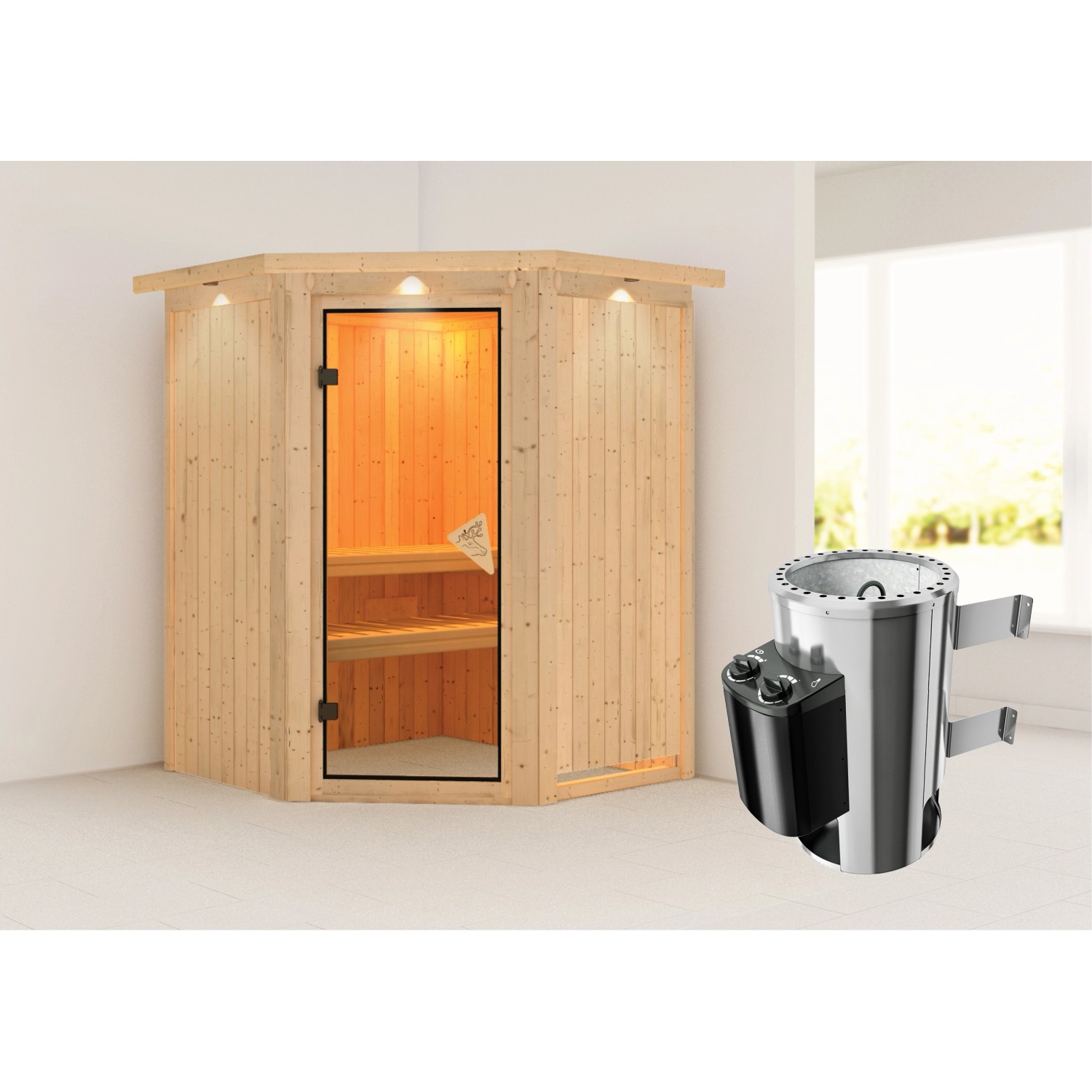 Karibu Sauna mit Ofen intergrierte Stg.LED-Dachkranz Natur günstig online kaufen