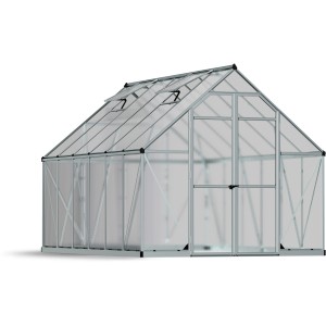 Silbernes Palram Canopia Essence Gewächshaus, 229x244x367cm, mit Lüftungsfenstern und Doppeltür.