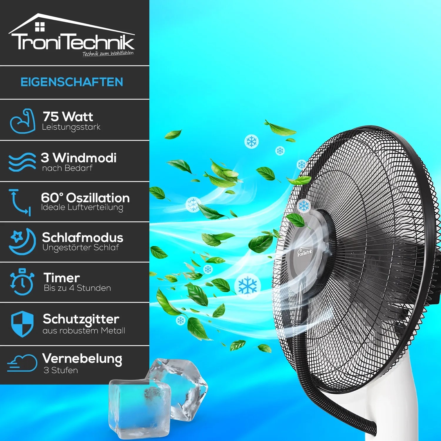 TroniTechnik Standventilator SV06 mit Wasserkühlung, oszillierend und mit Fernbedienung.