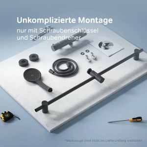 AM.PM Duscharmatur-Set Hit Schwarz: Thermostat, Duschstange, Handbrause und Zubehör auf Marmorplatte.
