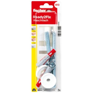 Fischer Ready2Fix Montageset zur Waschtischbefestigung mit Dübeln, Schrauben und Muttern.