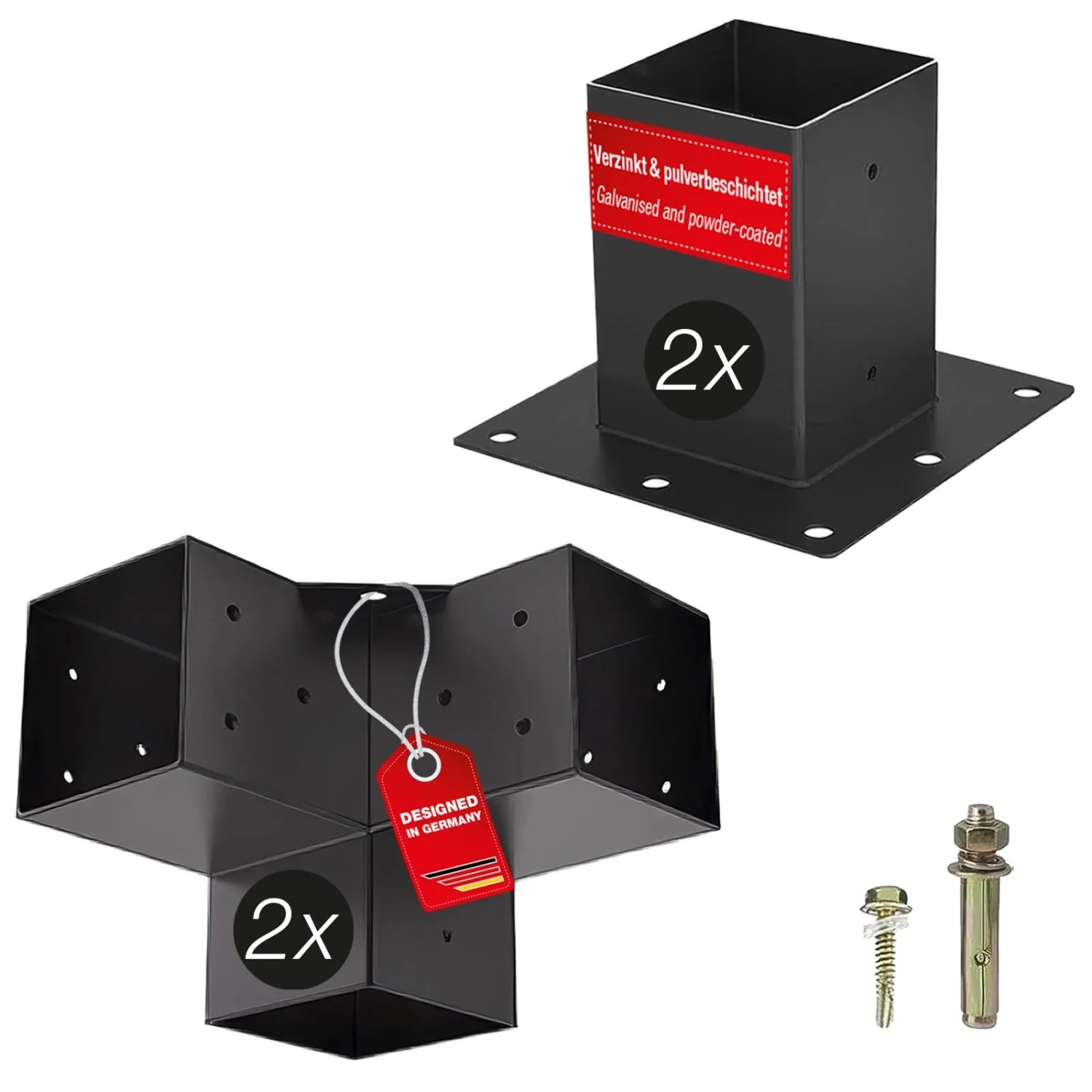 SOTECH Anbau Set 4-teilig 2x Eckverbinder 2x Bodenhülse Vierkant 100 x 100 mm Stahl Verzinkt Schwarz Pulverbeschichtet