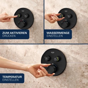Grohe SmartControl Thermostat rund, Schwarz Matt an Fliesenwand. Hände zeigen Bedienung von Temperatur und Wassermenge.