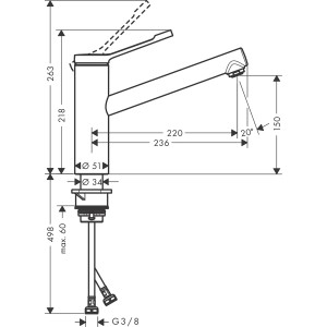 Maßzeichnung der Hansgrohe Zesis M34 Lean Küchenarmatur, Chrom Einhebelmischer mit Schwenkauslauf.