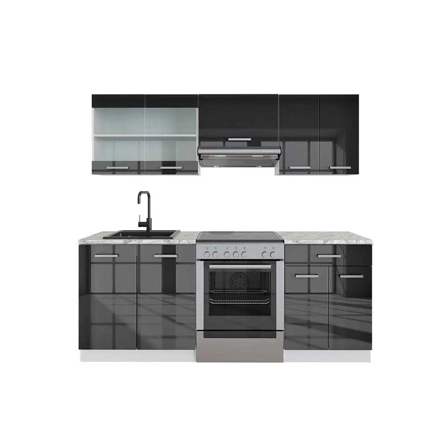Vicco R-Line Küchenzeile Anthrazit Hochglanz Weiß 200 cm AP Marmor ohne E-Geräte