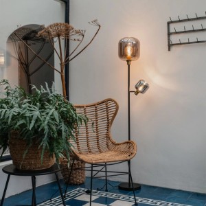 QAZQA Stehlampe Schwarz mit Gold mit Rauchglas 2 Lichter Zuzanna