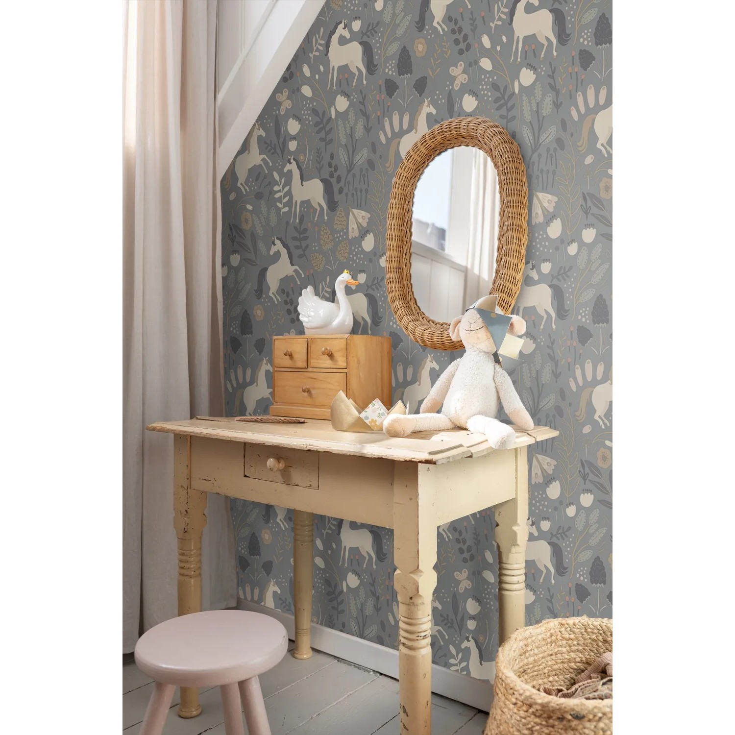 ESTAhome Vliestapete mit Einhörnern in Graublau, Kinderzimmer-Deko.