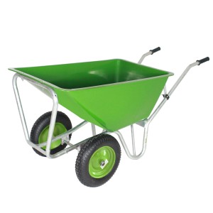 Grüne TRUTZHOLM 2 Rad Schubkarre XL mit 200L Mulde und Metallfelgen.