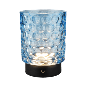Blaue Brilo Akku-LED-Tischleuchte Sunora aus Glas, dimmbar mit Touchfunktion.