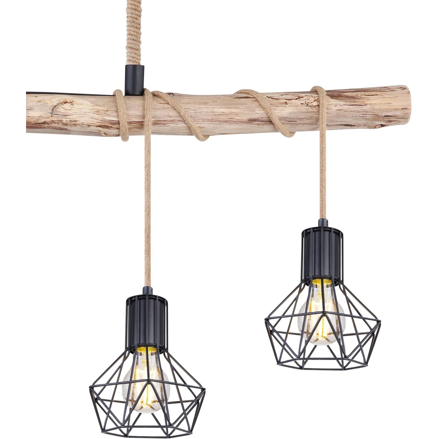 Schwarze 4-flammige Globo Pendelleuchte Priska mit Holz und Hanfseil.