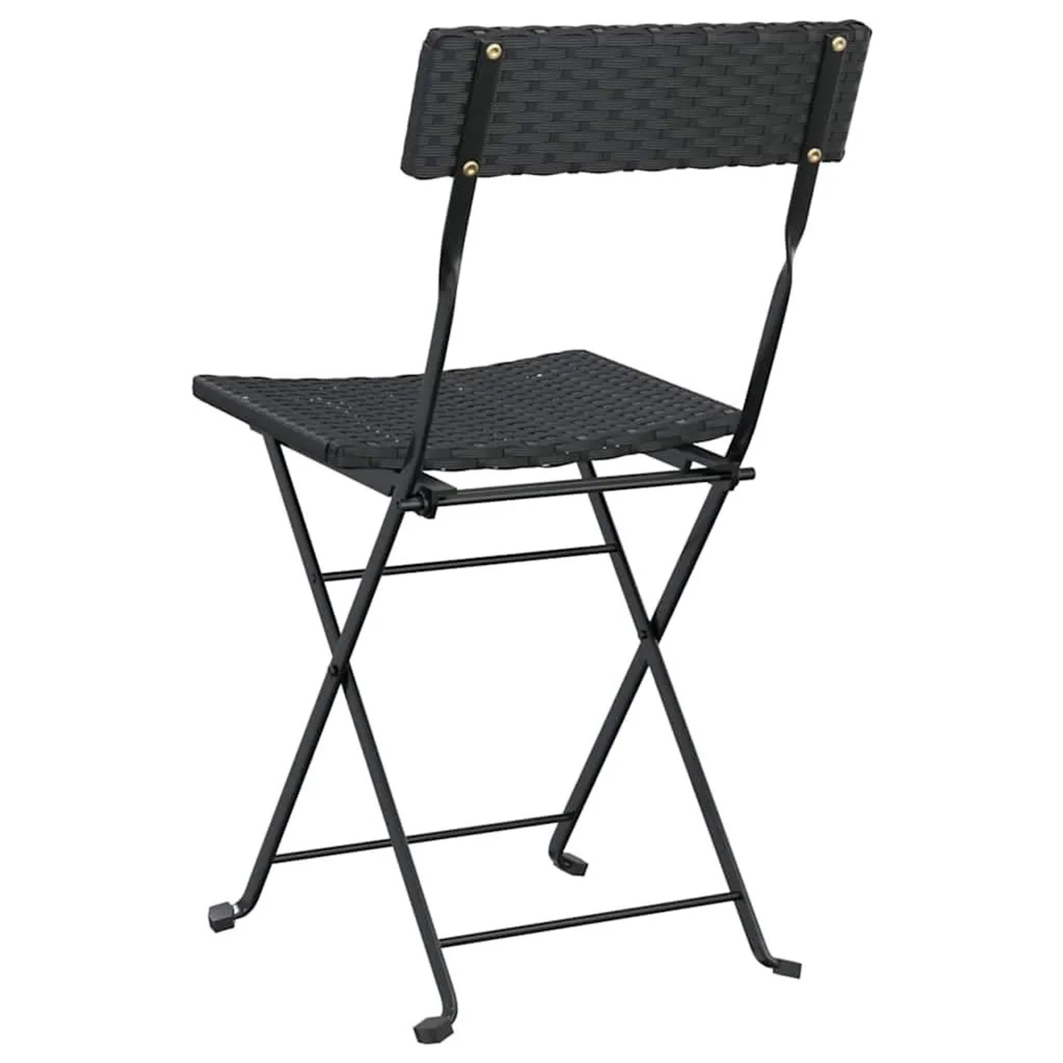 Schwarze, klappbare Bistrostühle (2 Stk.) aus Poly Rattan und Stahl für Garten/Terrasse.