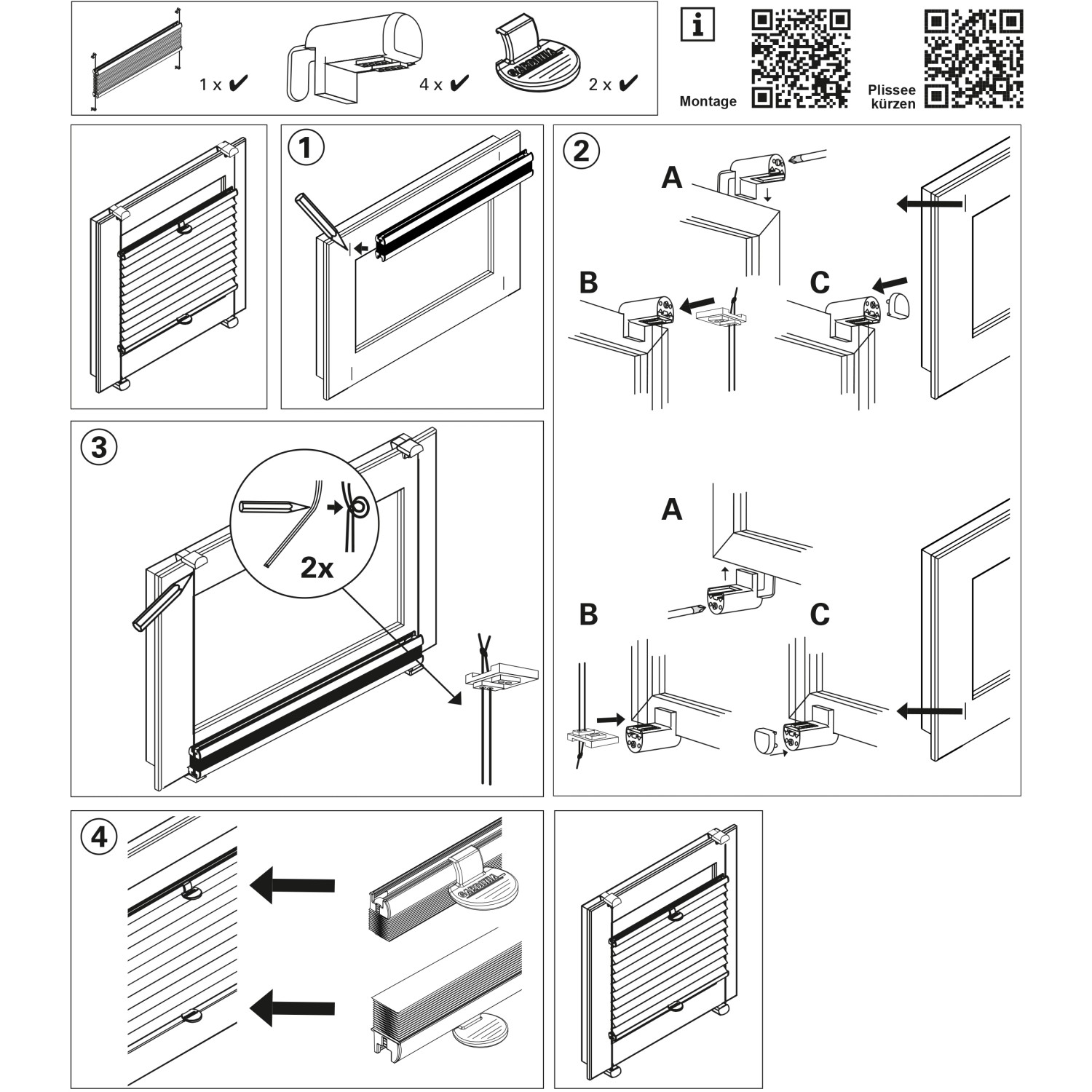 Montageanleitung für Gardinia EasyFix Thermo-Plissee, weiße Ausführung, mit Bedienschienen. Schritt-für-Schritt Anleitung.