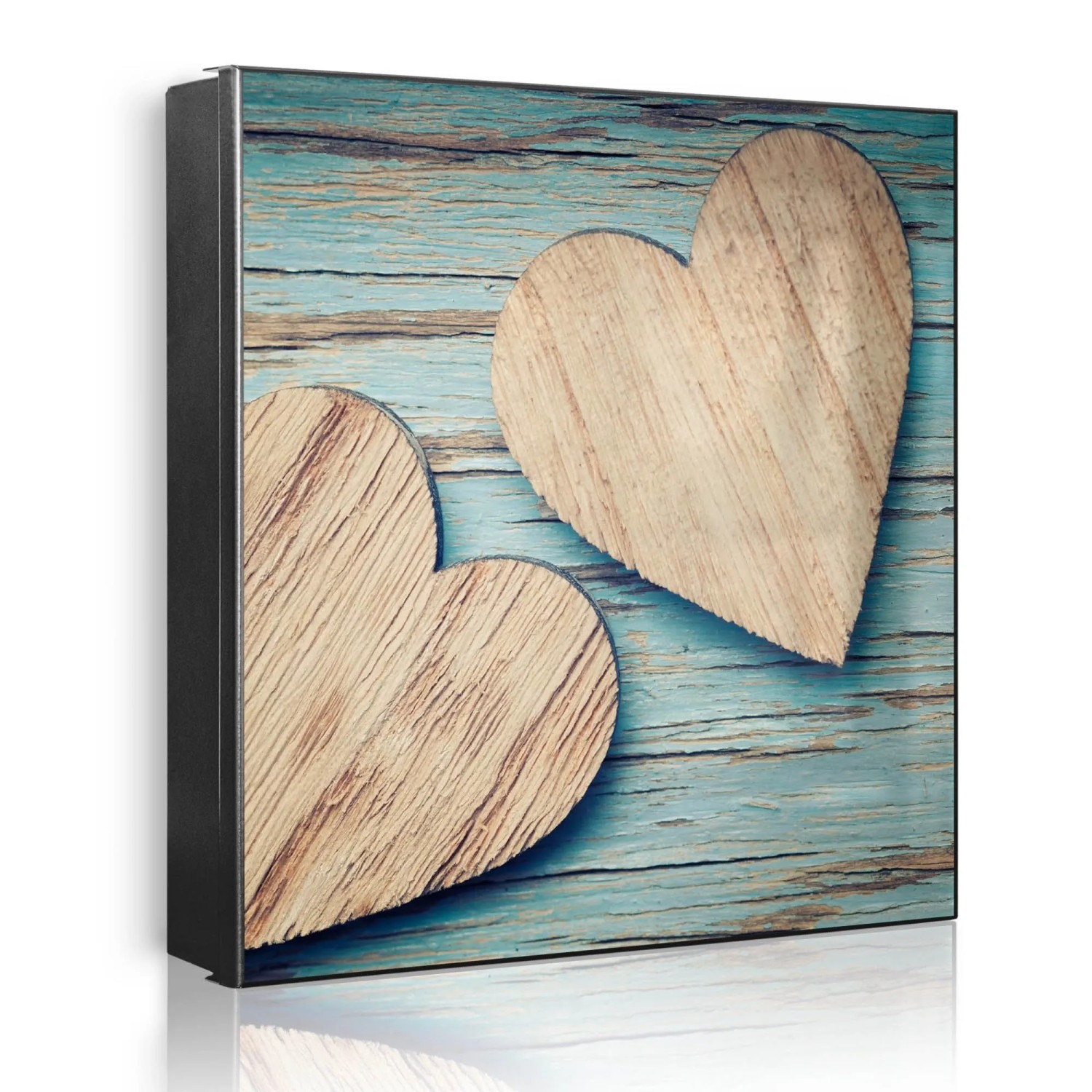 Banjado Großer Schlüsselkasten Metall 30x30cm Schwarz Scharnier Links 50 Haken Beschreibbar Magnetisch Motiv Holz Herzen