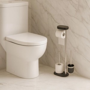 Relaxdays WC-Garnitur Edelstahl Weiß mit Ablage neben Toilette. WC-Bürsten Set.