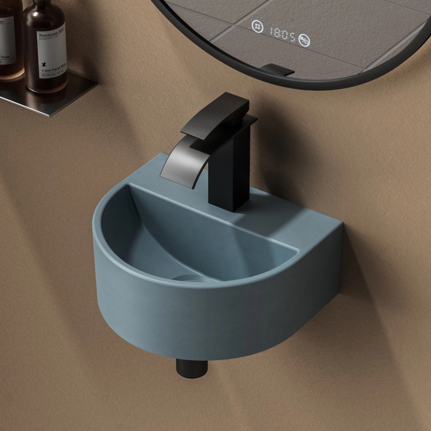 Emke Mini-Waschbecken, hellgrau-blau, U-Form, zur Wandmontage mit schwarzer Armatur.