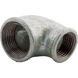 90 Grad Temperguss Fitting mit Innengewinde 24,1/18,6 mm (Rp 3/4/Rp 1/2) zur Verbindung von verzinkten Rohren.