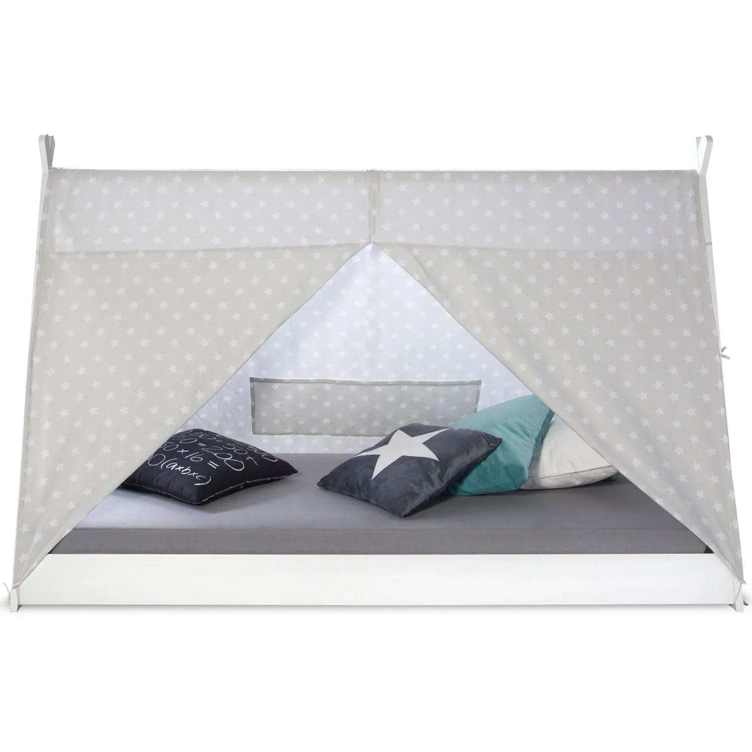 Weißes Homestyle4u Kinderbett Tipi 90x200 cm aus Kiefernholz mit grauem Zeltstoff und Sternenmuster.