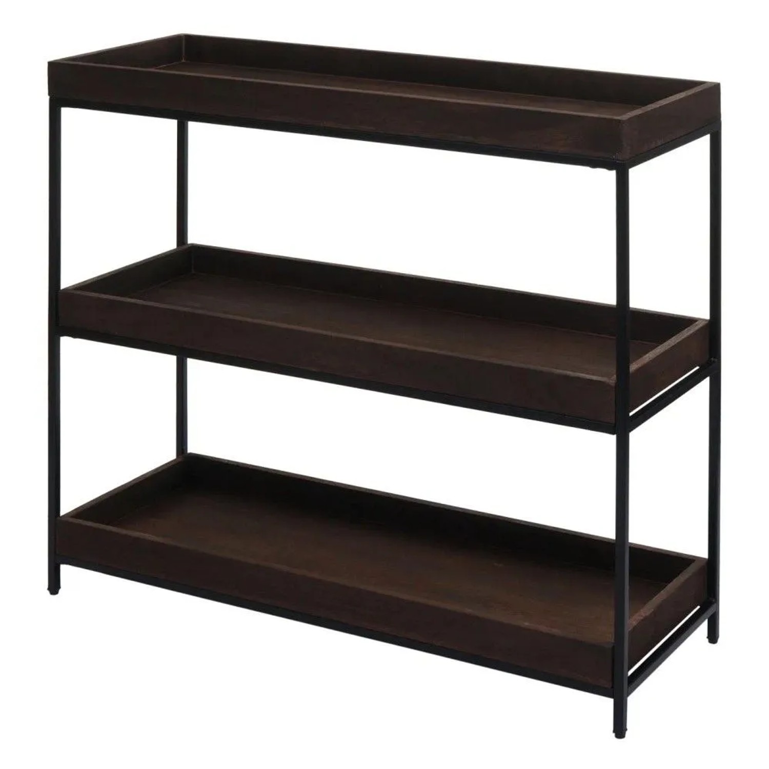 Dunkelbraunes MCW Regal K71 mit 3 Paulowniaholz-Ablagen und schwarzem Eisen-Gestell. Detailreiche Holzmaserung.