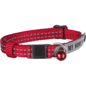 Rotes Jollypaw Katzenhalsband aus Nylon mit Reflektorstreifen, Adresslasche und Glöckchen.