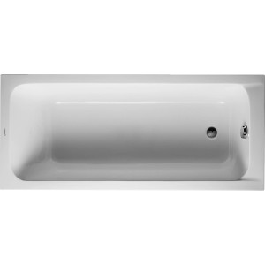 Weiße Duravit D-Code Rechteck-Badewanne, 160x70 cm, Einbauversion mit Ablauf im Fußbereich.