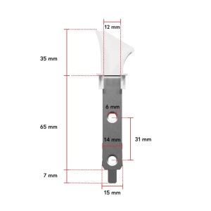 Detailaufnahme: Weißer Bauheld Einlauftrichter (12mm) für Rollladenführung, mit Maßangaben.