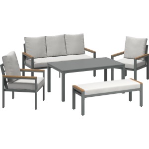 5-teilige Loungegruppe Moonbeam: Gartenmöbel-Set mit Tisch, Bank, 2-Sitzer und Stühlen in Anthrazit/Beige.