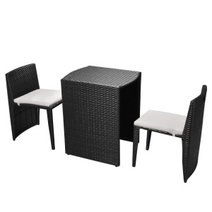 Schwarzes 3-tlg. vidaXL Bistro-Set aus Polyrattan mit Tisch, 2 Stühlen und Auflagen.
