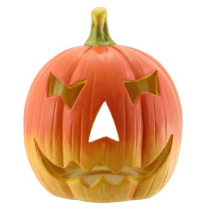 Halloween Windlicht aus Keramik, 14 cm, in Form eines Kürbis mit ausgeschnittenem Gesicht.
